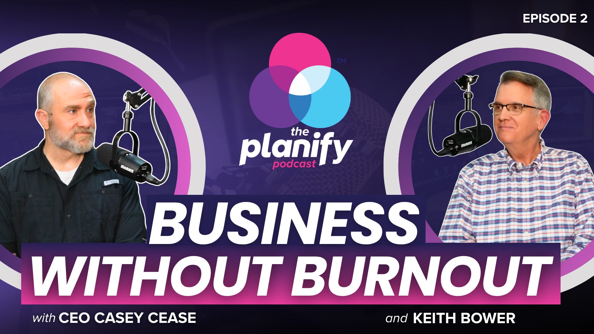 Planify Podcast interview thumbnail featuring host Casey Cease and guest Keith Bower, Chair of C12 Business Forums. The graphic displays bold text on the left reading 'BUSINESS WITHOUT BURNOUT,' paired with high-contrast, professional portrait cutouts of Casey and Keith on the right.