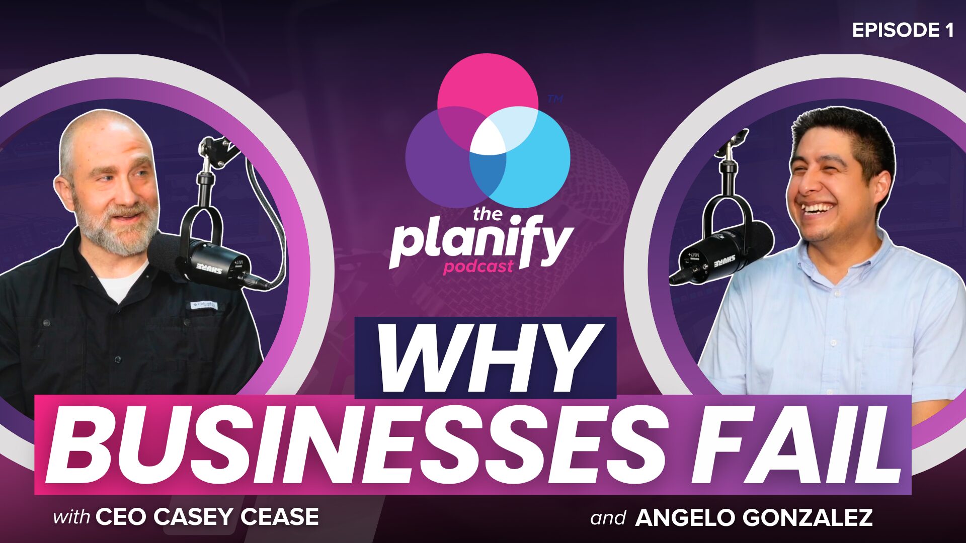 Planify Podcast Episode 1 video thumbnail featuring agency hosts Casey Cease and Angelo Gonzalez. The bottom caption displays massive, high-contrast text reading 'WHY BUSINESSES FAIL' and the top half features a professional cutout photograph of the hosts against a branded background.