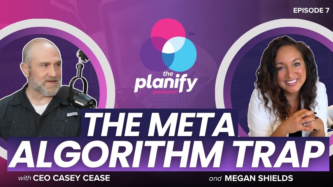 Casey Cease and Megan Shields on The Planify Podcast Episode 7 — "The Meta Algorithm Trap" — discussing Meta ads strategy, algorithm changes, and business pivots for online coaches and course creators.