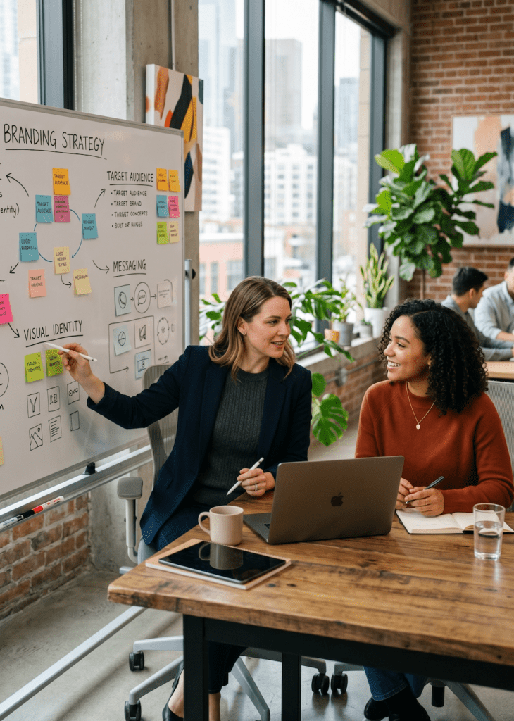 A professional portrait of a marketing strategist at Planify Agency collaborating with a client on their branding strategy. They are seated in a bright, modern office with floor-to-ceiling windows showing a city skyline. The strategist points to a large whiteboard filled with "Branding Strategy" diagrams, including sections for Target Audience, Messaging, and Visual Identity. Both women are engaged in a positive, productive discussion over a wooden desk equipped with a laptop and tablets.