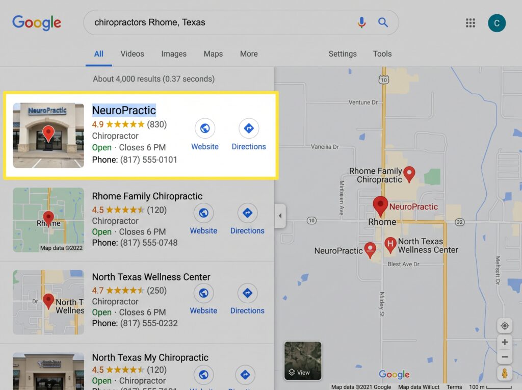 A Google listing with a Chiropractor coming in first in the local area