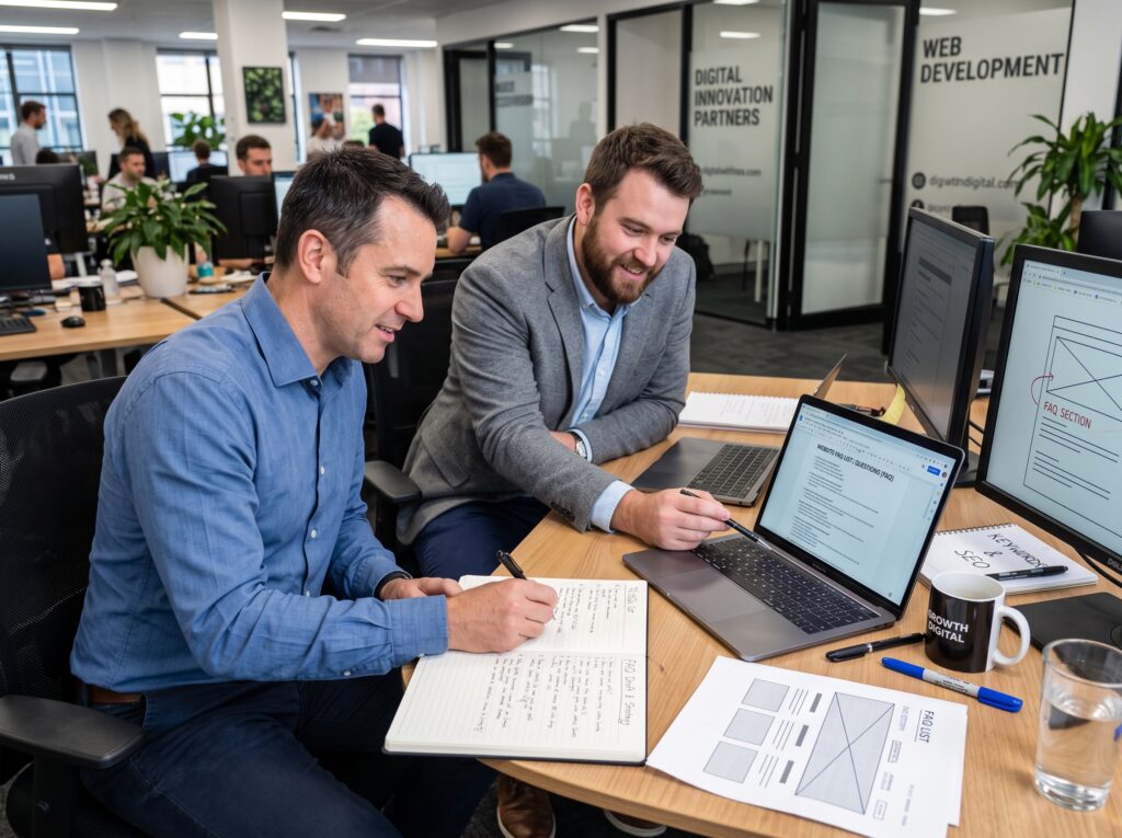 Two business men work on the FAQ section for a website