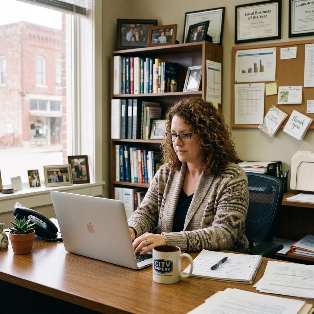 A business owner working from her office in Katy, Texas, partners with Planify Agency to implement an AI-driven digital marketing strategy. Seated at a wooden desk with her MacBook, she represents the small business growth fueled by Planify’s expertise in AI automations, SEO, and AEO (Answer Engine Optimization). The setting, featuring a bookshelf and local business awards, highlights the blend of traditional entrepreneurship and the modern, AI-ready strategy needed for long-term authority and discoverability in today’s digital landscape.