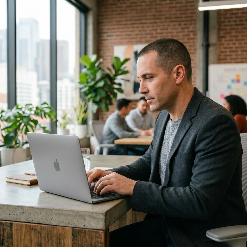 A focused business owner sits at a sleek concrete desk in a modern, sunlit office, working on his branding with Planify Agency. The shot is from a side-profile perspective, highlighting the back of his silver laptop, which faces the camera. In the background, a large window reveals a bright city view, while the industrial-chic interior—complete with brick accents and lush greenery—underscores the professional and innovative environment of Planify Agency’s Branding Services.